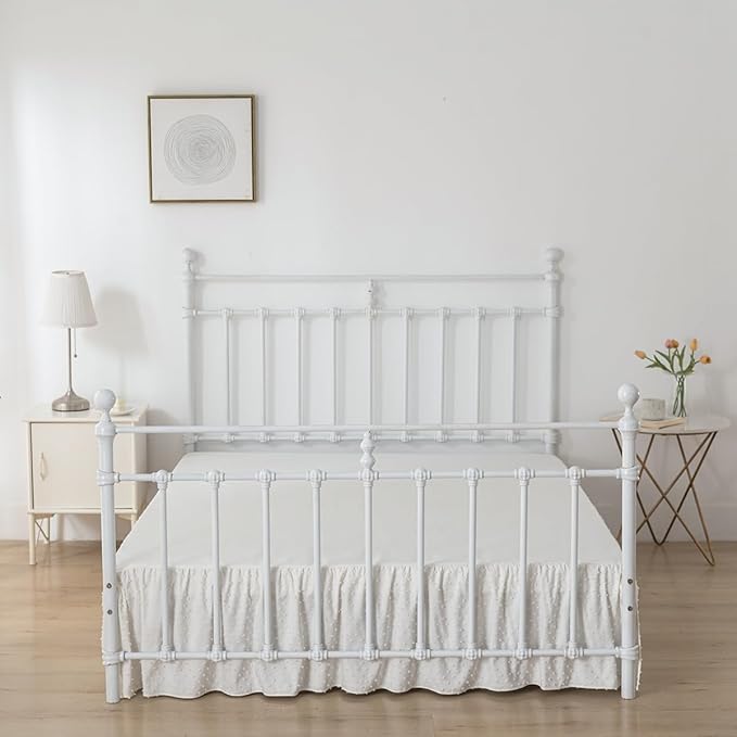 Tufted Dot Bed Skirt Full Size Ruffled Bed Skirt with Split Corners, 12 Inch Drop Dust Ruffle Bed Skirts with Platform, Ivory