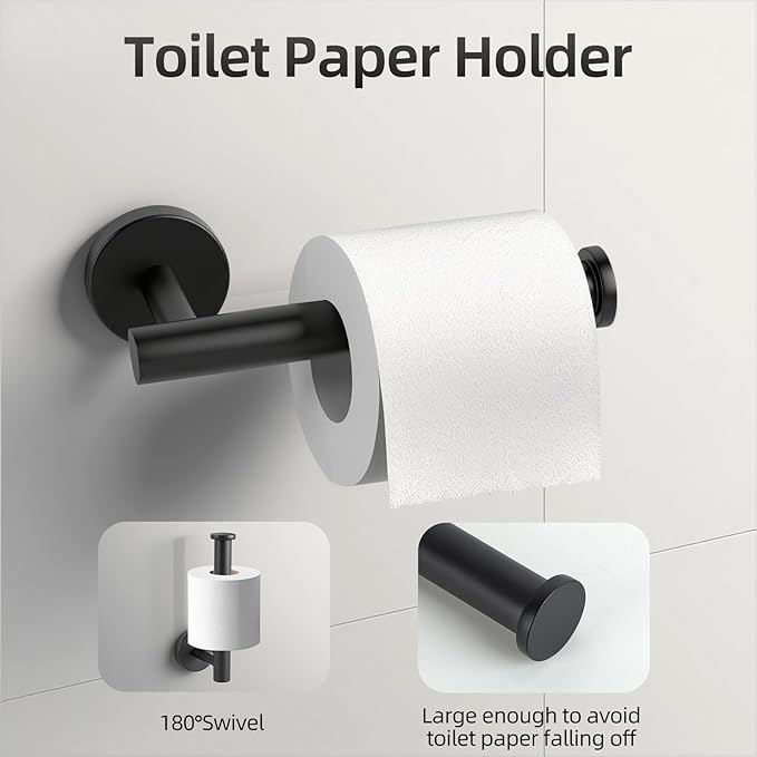Matte Black Bathroom Hardware Set, Bathroom Towel Holder Bar Set 5 Pieces, SUS304 Stainless Steel Bathroom Towel Rack Set Wall Mounted-16 Inch Towel Bar, Toilet Paper Holder, Towel Hooks, Towel Ring
