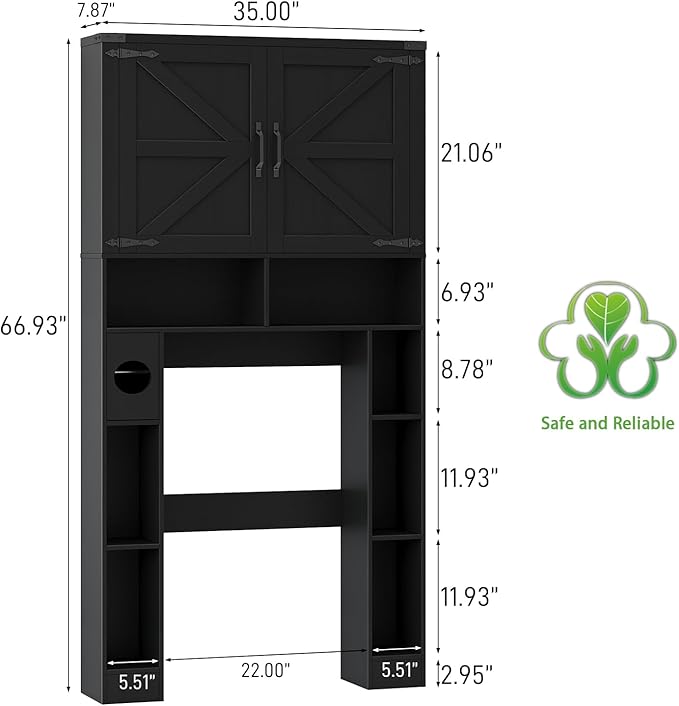 Over The Toilet Storage Cabinet, Farmhouse Storage Cabinet Over Toilet with 2 Barn Doors ，Toilet Paper Holder Stand，Home Space-Saving Toilet Rack, for Laundry, Restroom, Bathroom.Black