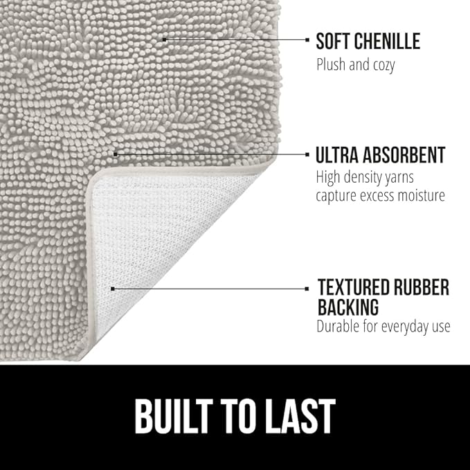 GORILLA GRIP Bath Rug Mat 60x17, Soft Absorbent Chenille, Quick Dry Microfiber Mats, Rubber Backing Washable Shower Floor Rugs, Bathmat Runner, US Designed Bathroom Home Decor Accessories Light Gray