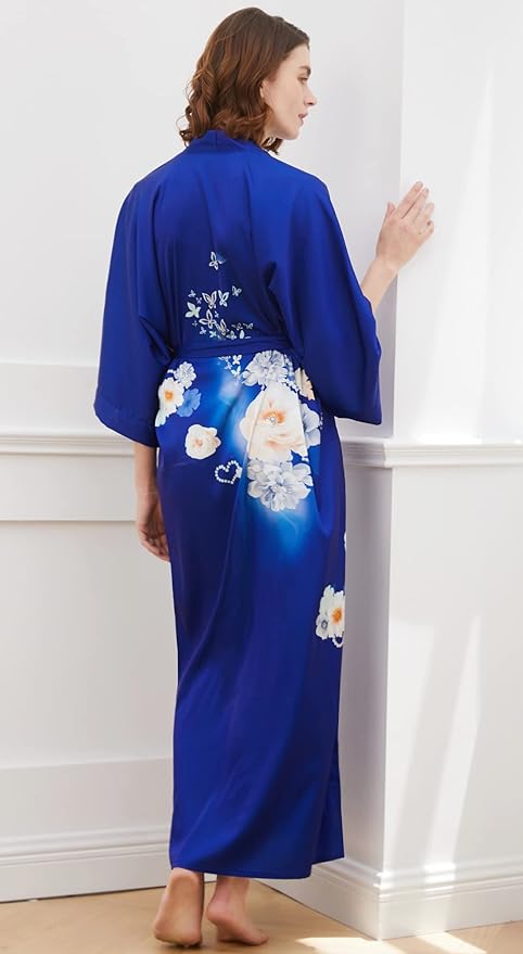 Ledamon Women's Kimono Long Robe - Classic Floral Bathrobe Nightgown
