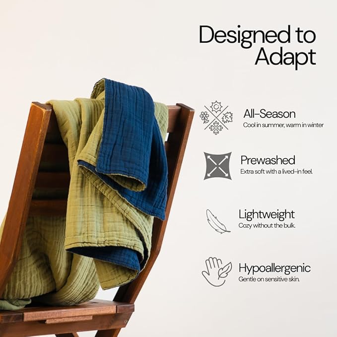 Salt Earth 100% Cotton Muslin Blanket, Gauze Blanket 50"X60" Throw with Tassel 6 Layered, Couch, Bed, Living Room, Home,Lightweight & All Season Blankets & Throws, Skin Friendly (Dress Blue/Mosstone)