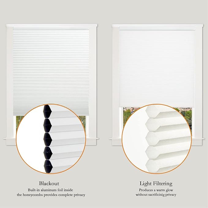 Persilux 100% Blackout Cordless Cellular Shades & Blinds Honeycomb Blinds Bottom up Thermal Insulated Window Shades for Home, Windows and Kitchen, White, 43" W x 60" H