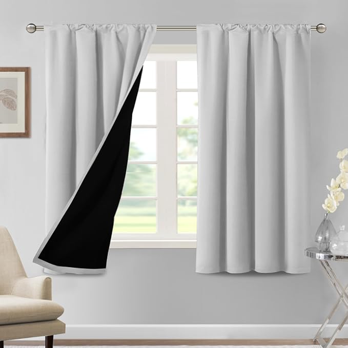 H.VERSAILTEX 100% Blackout Curtains for Bedroom 42 Inch Wide Thermal Insulated Curtains Blackout Curtains 63 Inches Long Rod Pocket Curtains with Black Liner 2 Panels, Greyish White