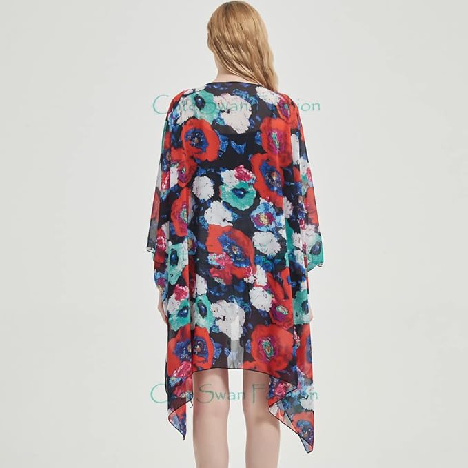 Women's Bohemian Floral Chiffon Beach Cover up Swimsuit Kimono Summer Swimwear Cardigans