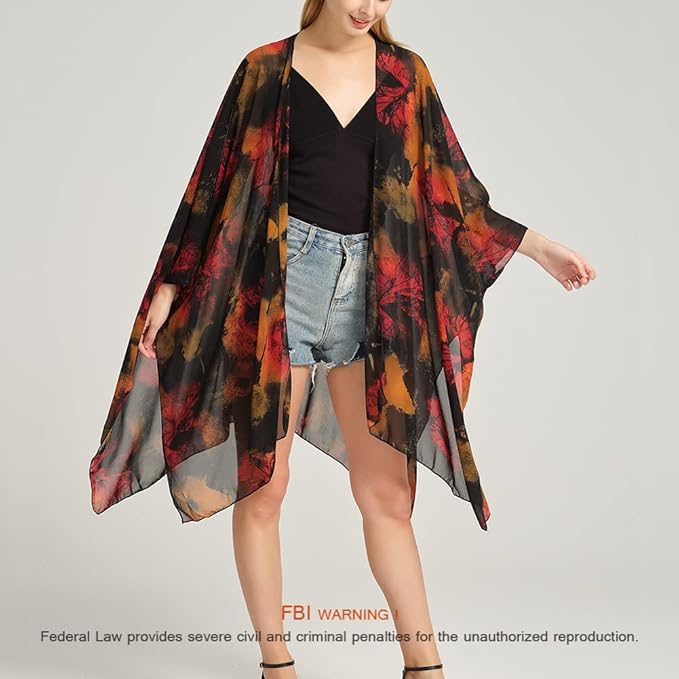 Women's Bohemian Floral Chiffon Beach Cover up Swimsuit Kimono Summer Swimwear Cardigans