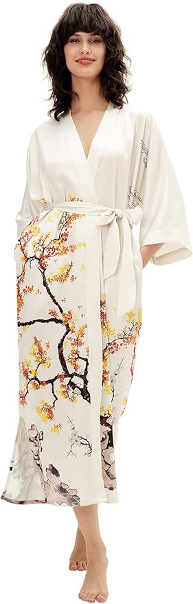 PRODESIGN Kimono Robe for Women - Long Satin Sleepwear Silky Kimono Cover-Up Nightgown Japanese Bathrobe Loungewear Blouse