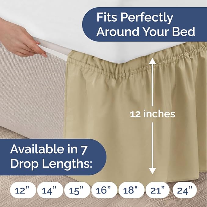 Wrap Around Dust Ruffle Bed Skirt - Beige - for King Size Beds with 12 Inch Drop - Easy Fit Elastic Strap - Adjustable Pleated Bedskirt w/Brushed Fabric - Wrinkle Free - for Women, Men, Kids & Teens