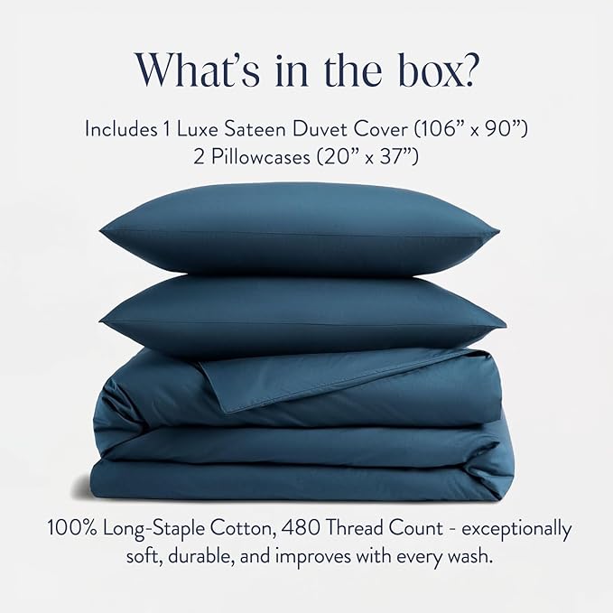 Brooklinen Luxury Sateen Duvet Cover Set - King/California King Size in Abyss Blue - 100% Cotton, 3 Piece Set Includes 1 Duvet Cover and 2 Pillowcases