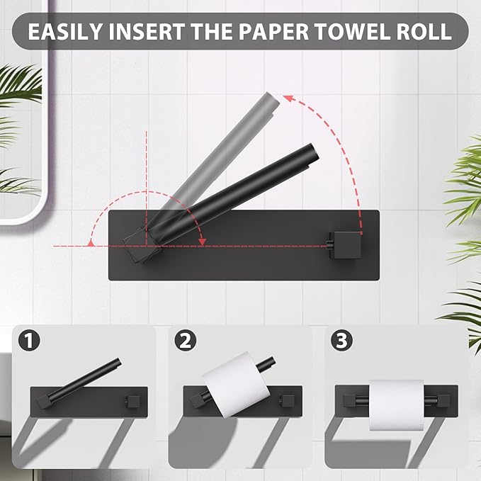 Black Self Adhesive Toilet Paper Holder, Stainless Steel Bathroom Toilet Paper Holder Stick On Wall Mount, Commercial Toilet Paper Dispenser Peel and Stick Toilet Paper Holder Adhesive