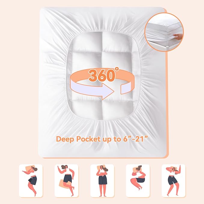 Topllen Full Mattress Topper for Back Pain Relief, Extra Thick Pillow Top Plush Mattress Pad with Deep Pocket, Soft Pillowtop Full Size Bed Toppers Filled Fluffy Down Alternative, White