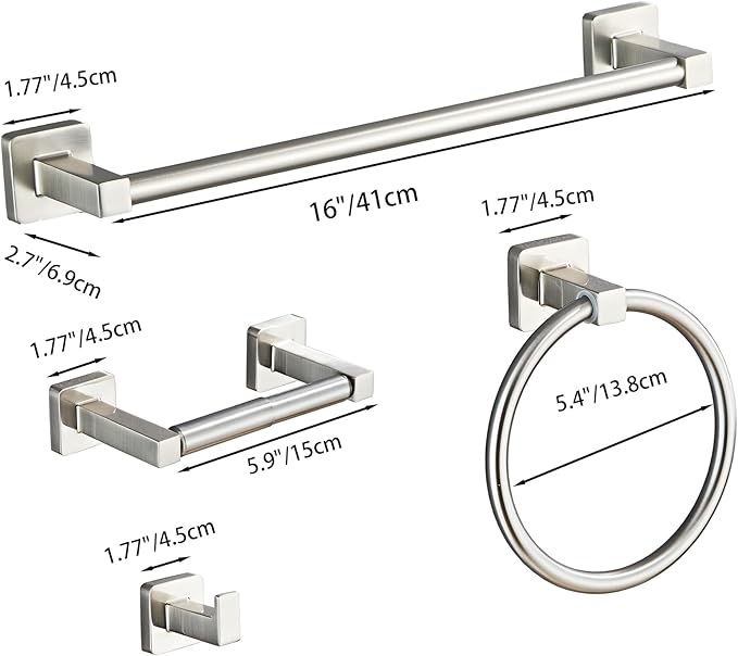 Brushed Nickel Bathroom Hardware Set 4 Pieces,Towel Bar Set Stainless Steel Wall Mounted, Includes 16In Hand Towel Bar, Towel Ring, Robe Towel Hooks,Toilet Paper Holder, Bathroom Towel Rack Set…