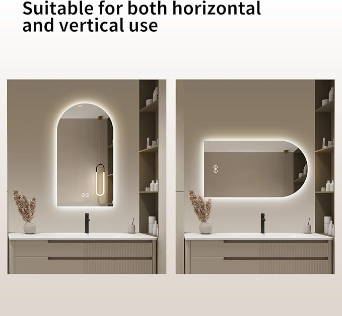 Arched Shaped LED Bathroom Mirror with dimming Lighting, 24V, 3 Color temperatures, defogger, 5MM Silver Glass (40" L x 30" W)