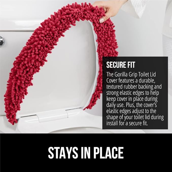 GORILLA GRIP Soft Chenille Bathroom Toilet Lid Cover, Machine Washable Seat Covers, 19.5x18.5, Stays in Place Rubber Backing, Fits Most Round, Elongated and Oblong Lids, Accessories Decor, Red