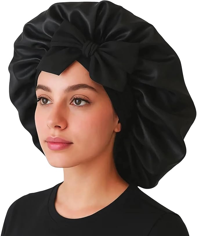 Satin Bonnet for Sleeping Women, Large Hair Bonnet Sleep Cap with Tie Band, Double Layer Hair Wrap for Curly Natural Hair