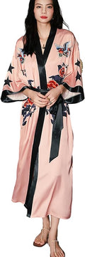 Silk Satin Robe for Women Long Japanese Kimono Robe Lightweight Soft Bathrobe Floral Luxury Dressing Gown