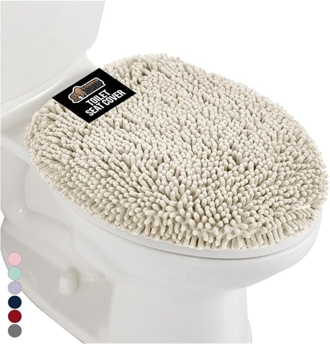 GORILLA GRIP Soft Chenille Bathroom Toilet Lid Cover, Machine Washable Seat Covers, 19.5x18.5, Stays In Place Rubber Backing, Fits Most Round, Elongated and Oblong Lids, Accessories Decor, Ivory Cream