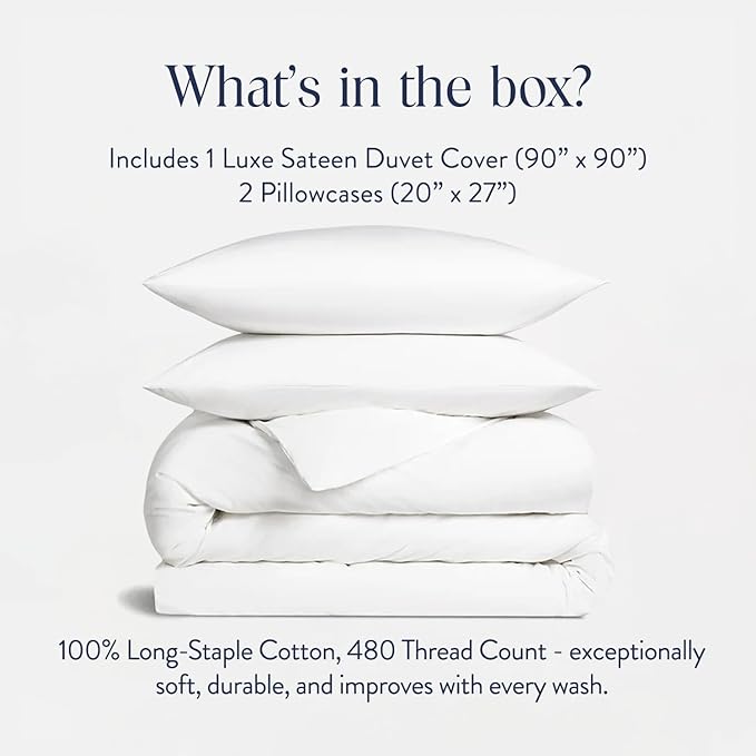 Brooklinen Luxury Sateen Duvet Cover Set - 100% Cotton, Full/Queen Size in White - Includes 1 Duvet Cover and 2 Standard Pillowcases - Best Full/Queen Duvet Covers