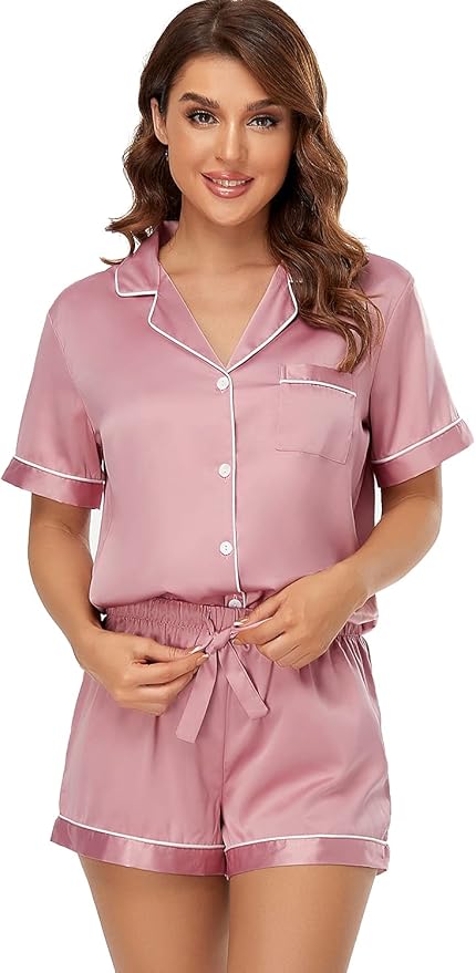 Women's Satin Pajama Set 2-Piece Sleepwear Loungewear Button Down Short Sleeve Silky PJ Set