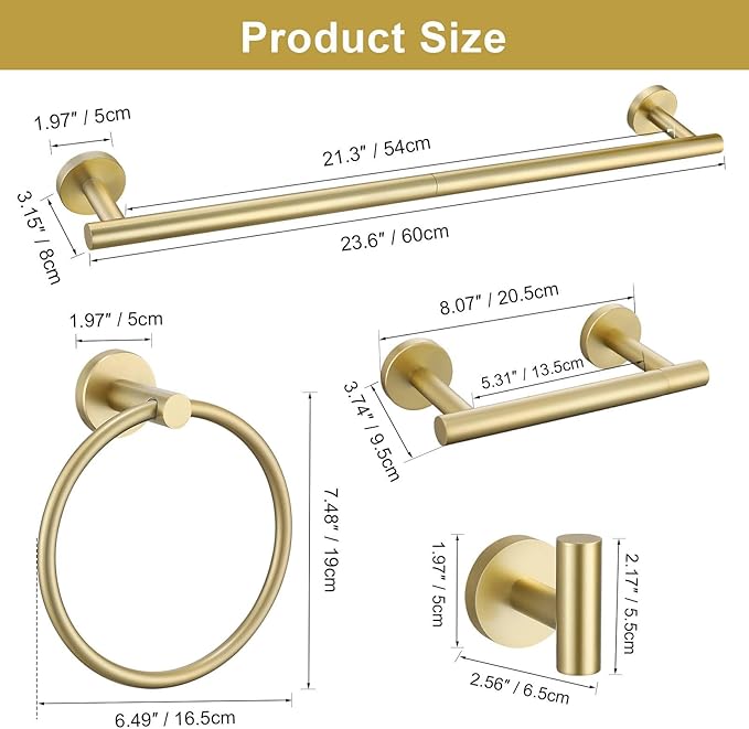 10 Pieces Brushed Gold Bathroom Hardware Towel Bar Set for Bathroom Wall, 23.6Inch Bathroom Accessories Set Upgraded Bathroom Towel Holder, Stainless Steel Towel Racks Bathroom Wall Mounted