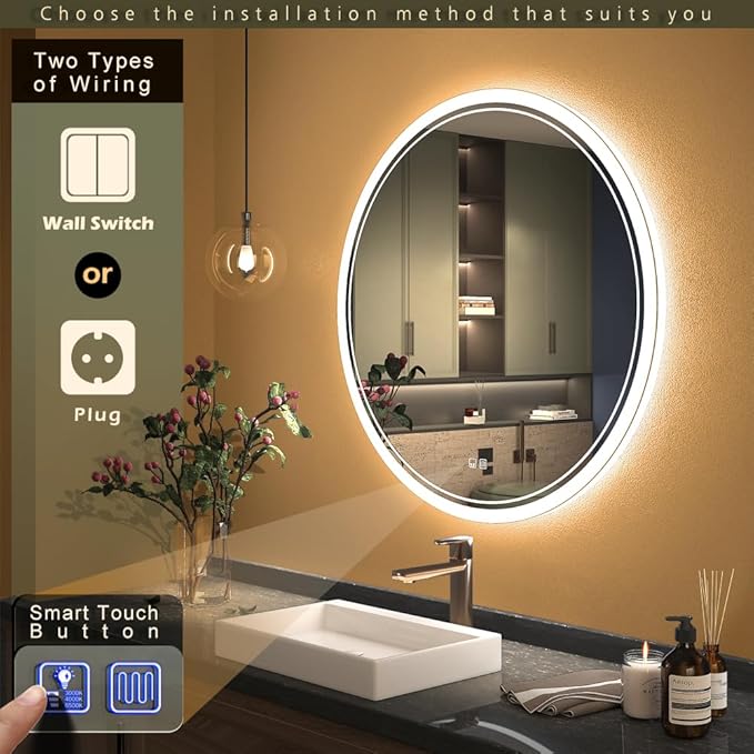 KWW Round Mirror Bathroom LED Lighted Mirror, Illuminated Dimmable Anti-Fog Wall-Mounted Makeup Vanity Mirror with Lights (39.5" L x 39.5" W)
