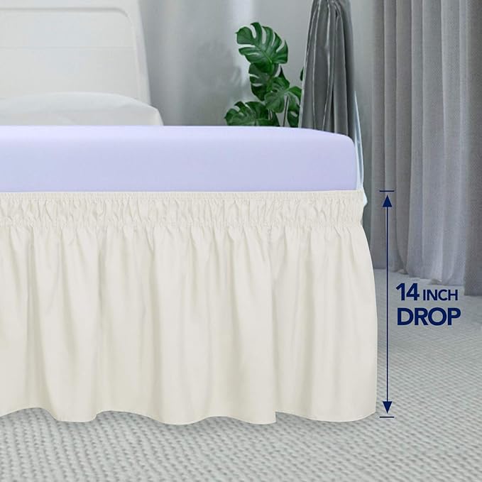 PureFit Wrap Around Ruffled Bed Skirt with Adjustable Elastic Belt - 14 Inch Drop Easy to Put On, Wrinkle Free Bedskirt Dust Ruffles, Bed Frame Cover for Queen, King and C-King Size Beds, Ivory