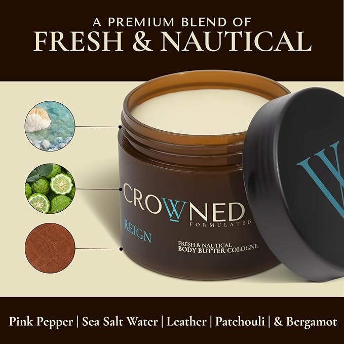 Crowned Skin Reign Body Butter Cologne and Body Oil Cologne Bundle | Moisturizing Skin Care Set with Fresh & Nautical Pink Pepper & Bergamot Scent | Natural Shea & Mango Butters | All-Day Fragrance