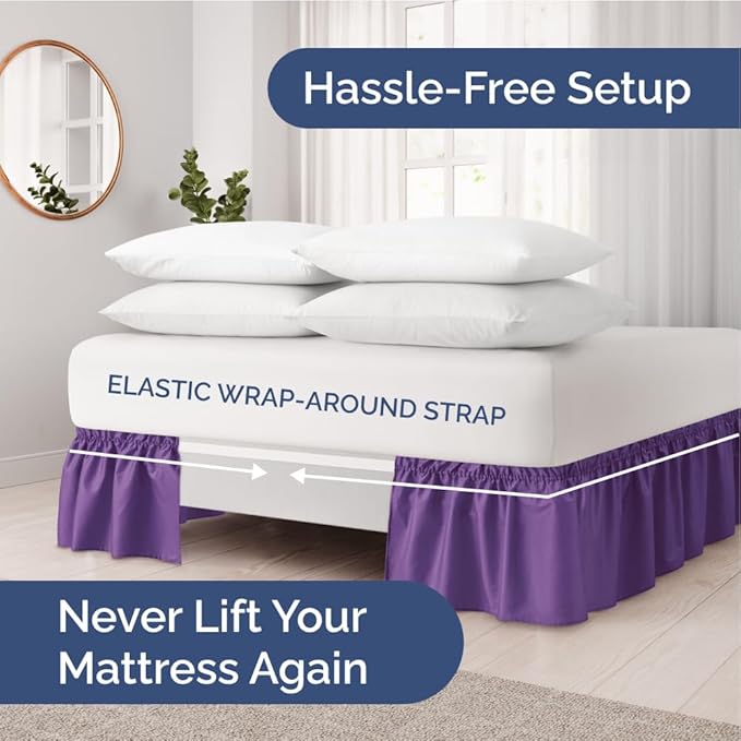Wrap Around Dust Ruffle Bed Skirt - Purple - for King Size Beds with 15 Inch Drop - Easy Fit Elastic Strap - Adjustable Pleated Bedskirt w/Brushed Fabric - Wrinkle Free - for Women, Men, Kids & Teens