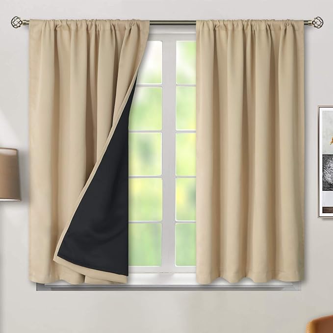 BGment 100% Blackout Curtains for Bedroom with Black Liner, Double Layer Thermal Insulated Full Room Darkening Noise Canceling Rod Pocket Bedroom Curtain (42 x 45 Inch, Beige, 2 Panels)