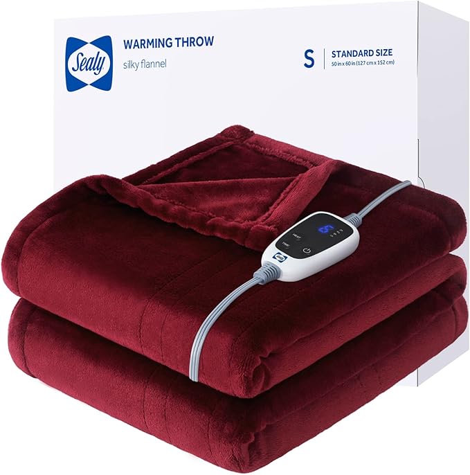 Sealy Heated Blanket Throw, Soft Flannel Electric Blanket with 6 Heat Settings & 2-10 Hour Auto Shut Off, Fast Heating with ETL Certificated Machine Washable, 50x60 Inch, Burgundy