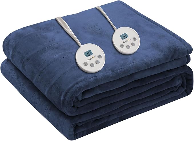 Wapaneus Heated Blanket Electric Queen Size 84"x90"-Dual Control with 10 Heat Levels 12 Timer Settings and 8 Hours Auto-Shut Off,Fast-Heating Electric Blanket,ETL Listed Machine Washable,Dark Blue