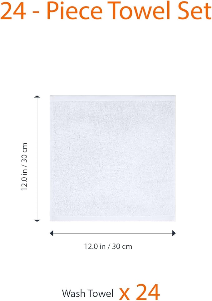 Amazon Basics Fast Drying Cotton Washcloths for Bathroom, Machine Washable, Soft and Highly Absorbent, 12 x 12 in, White, 24-Pack