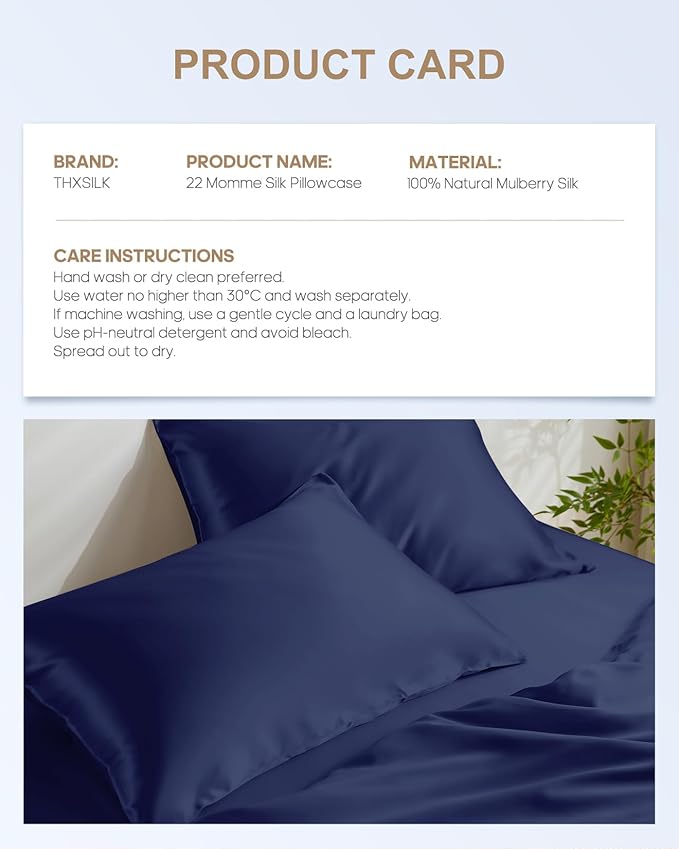 THXSILK Mulberry Silk Pillow Case with Zipper, 100% Mulberry Silk Pillowcase for Hair and Skin, 22 Momme Hypoallergenic Pillow Cover with Hidden Zipper, 1pc(Navy Blue, Standard 20"x26")