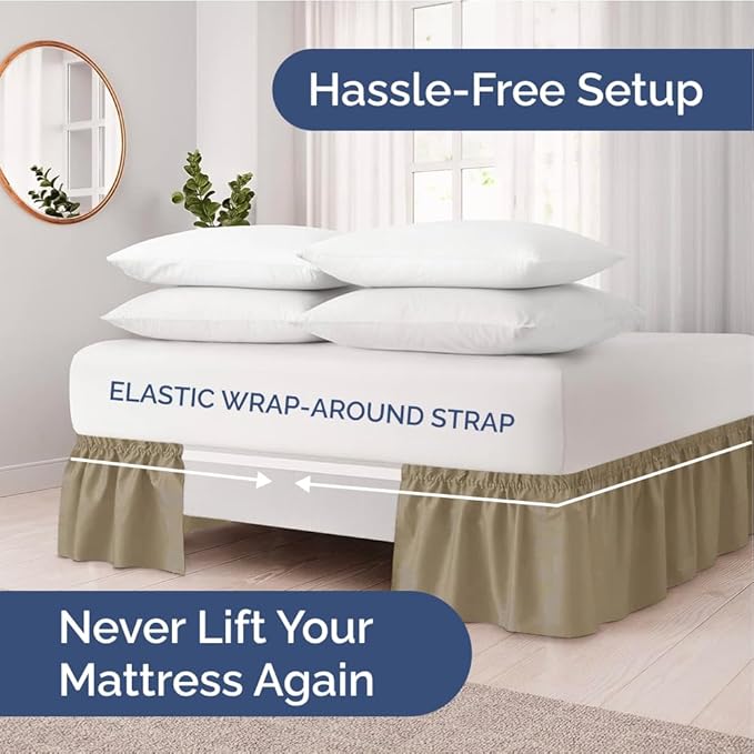 Wrap Around Dust Ruffle Bed Skirt - Khaki - for Full Size Beds w/ 15 Inch Drop - Easy Fit Elastic Strap - Adjustable Pleated Bedskirt w/Brushed Fabric - Wrinkle Free - for Women, Men, Kids & Teens