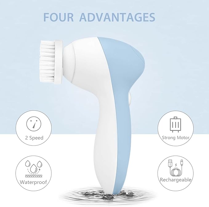 Rechargeable Facial Cleansing Spin Brush Set with 7 Exfoliating Brush Heads - Complete Face Spa System by CLSEVXY - Advanced Microdermabrasion for Gentle Exfoliation and Deep Scrubbing