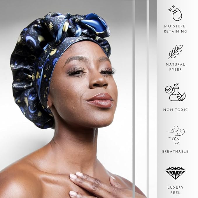 100% Mulberry Silk Bonnet for Sleeping Women, Handmade in USA 19 Momme Double Layer Reversible Silk Hair Wrap with Adjustable Ties, Non-Slip Sleep Cap for Curly & Natural Hair (sun and Moon)