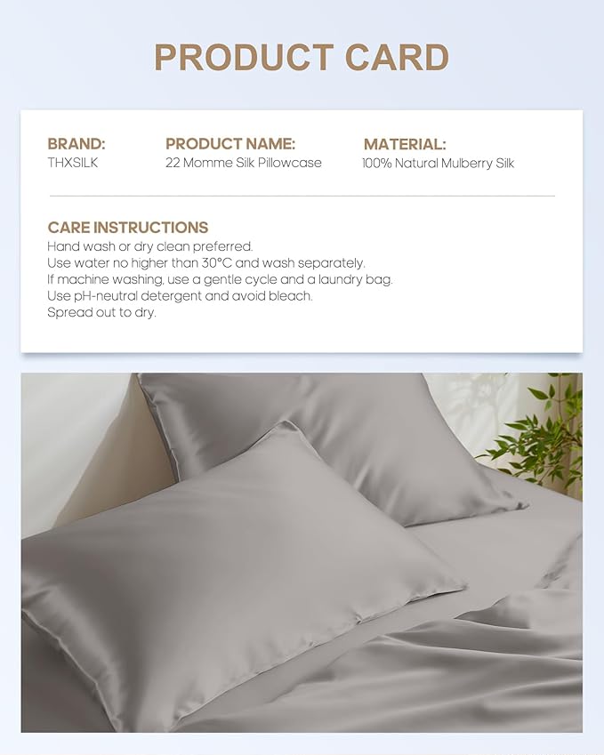 THXSILK 100% Mulberry Silk Pillowcase for Hair and Skin, 22 Momme Natural Silk Pillow Cover with Hidden Zipper, Soft Breathable Smooth Organic Silk Pillowcase(Grey, Queen Size 20"x30")