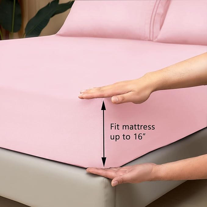 Mejoroom Queen Size Sheet Set - Hotel Luxury 1800 Bedding Sheets & Pillowcases - Deep Pocket Fitted Sheet, Soft, Breathable, Wrinkle & Fade Resistant - 4 Piece (Queen, Blush Pink)
