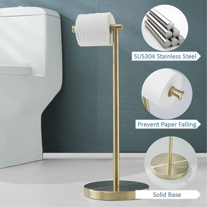 Free Standing Toilet Paper Holder Stand,Gold Bathroom Roll Tissue Dispenser,Rustproof Base SUS 304 Stainless Steel (Brushed Gold) SHUNLI