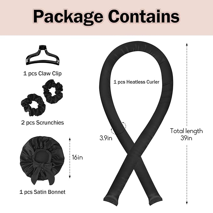 Heatless Hair Curler,Blowout Heatless Curls Overnight,No Heat Curling Rod Set with Satin Bonnet for Sleep in,Black