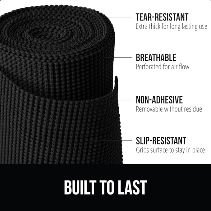 GORILLA GRIP powerGRIP Drawer Shelf and Cabinet Liner, Thick Strong Hold, Non-Adhesive Liners Protect Kitchen Cabinets and Cupboard, Bathroom Drawers, Easy Install, Breathable Mat, 12" x20', Black