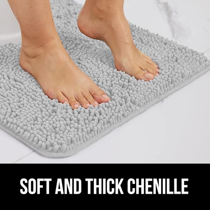GORILLA GRIP Bath Rug Mat, Soft Absorbent Chenille, Quick Dry Microfiber Mats, Rubber Backing Washable Shower Floor Rugs, Bathmat Runner, US Designed Bathroom Home Decor Accessories 24x17 Light Gray