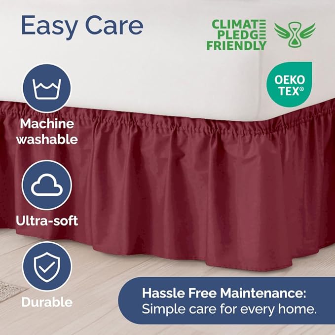 Wrap Around Dust Ruffle Bed Skirt - Burgundy - for King Size Beds with 12 Inch Drop - Easy Fit Elastic Strap - Adjustable Pleated Bedskirt w/Brushed Fabric Wrinkle Free - for Women, Men, Kids & Teens