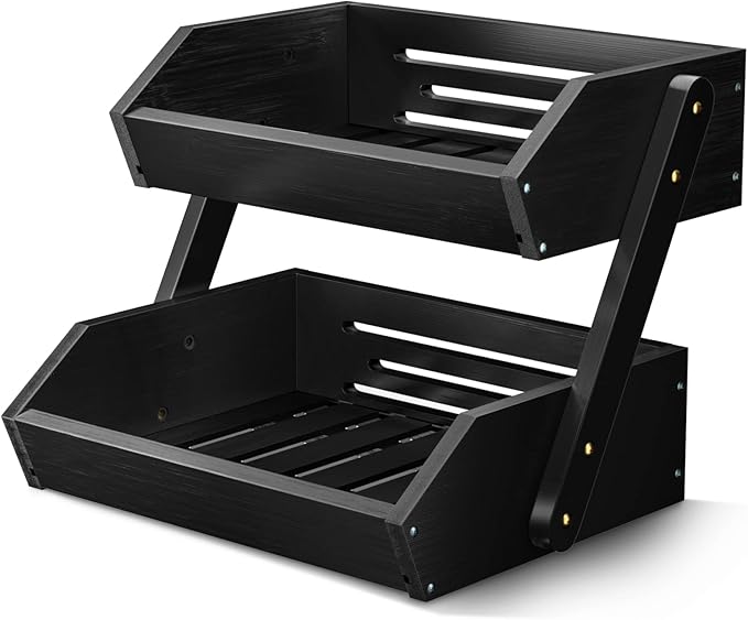 G.a HOMEFAVOR Fruit Basket for Kitchen, 2-Tier Fruit Bowl for Kitchen Counter, Vegetable Storage Stand for Fruit Shop, 15 mm Thickness (BLACK)