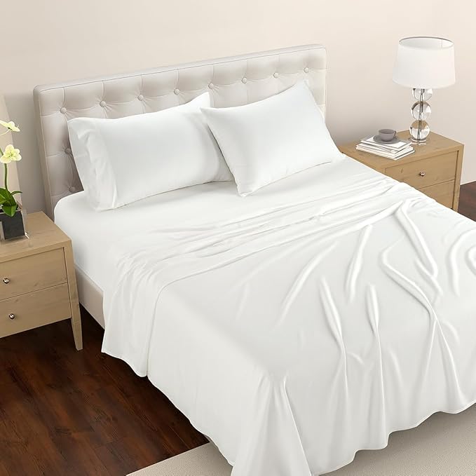 Reebok Full Size Sheet Set from Tencel™ Eucalyptus - Soft, Cooling & Breathable for Hot Sleepers, Deep Pocket Up to 17 Inches, 4Pc Hotel Luxury Bedding Set, Bedsheet & Pillowcases (White, Full)