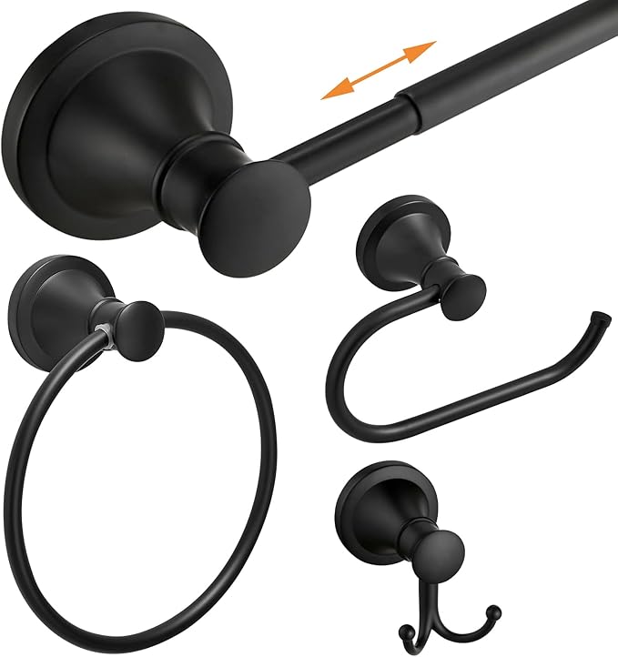 Hoimpro Matte Black 4-Piece Bathroom Bath Set, Wall Mount Bathroom Hardware Fixture (Adjustable Towel Bar Rack, Towel Ring Holder, Paper Towel Holder, Double Towel Hook), Bathroom Accessories