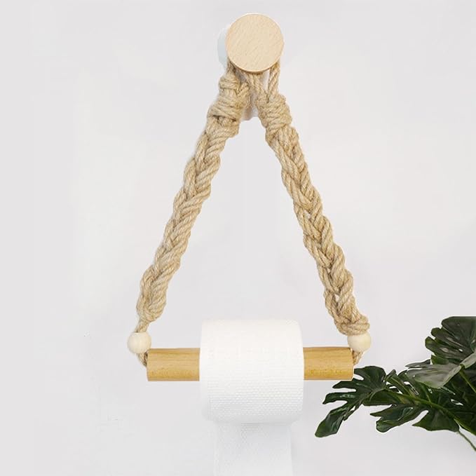 Rattan Toilet Paper Holder, Boho Rope Wood Hanging Tissue Rolls Paper Holder Wall Mounted, Rustic and Natural Unique Bathroom Accessories with Self-Adhesive Seamless Screw