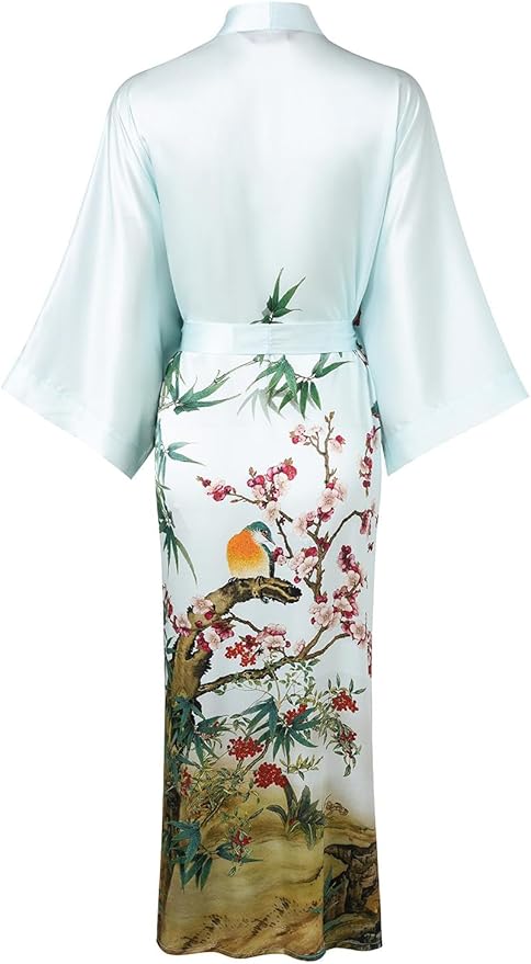 Women's Silk Kimono Robe Long Bathrobe Nightgown 100% Mulberry Silk for Women - Classic Floral Pattern