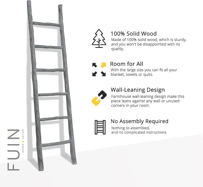 FUIN Fully Assembled 6ft Wood Blanket Ladder Living Room Decorative Wall Leaning Farmhouse Quilt Display Holder Rustic Wooden Towel Rack for Bathroom, Light Gray & Whitewashed