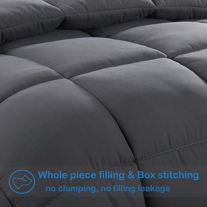 EASELAND Queen Size Down Alternative Comforter - Quilted Duvet Insert for All Seasons, Soft Lightweight with Corner Tabs, Summer Winter Warm Bedding, Dark Grey 88×88 Inches